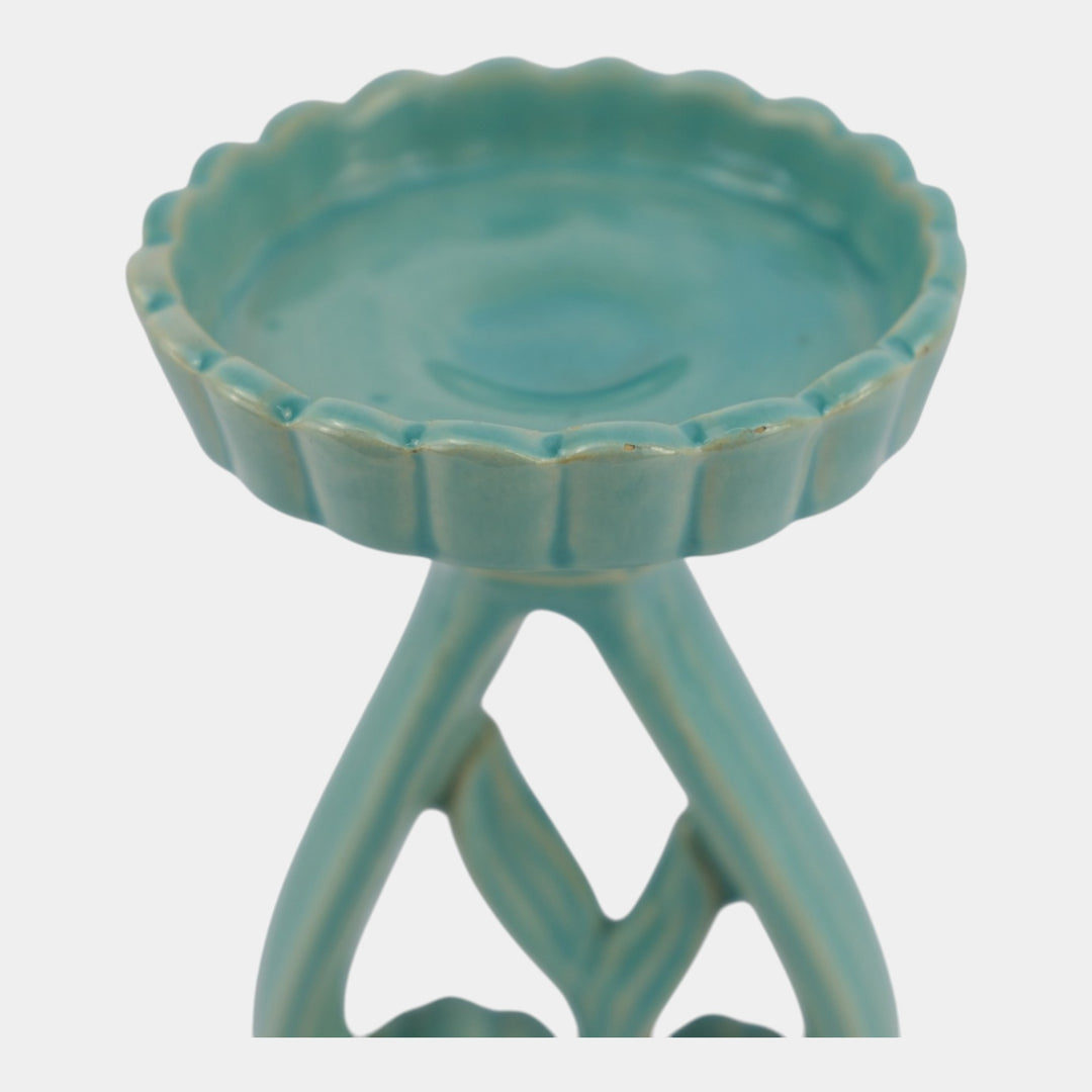 Weller Hobart 1920s Green Art Deco Pottery Openwork Pedestal Candle Holder