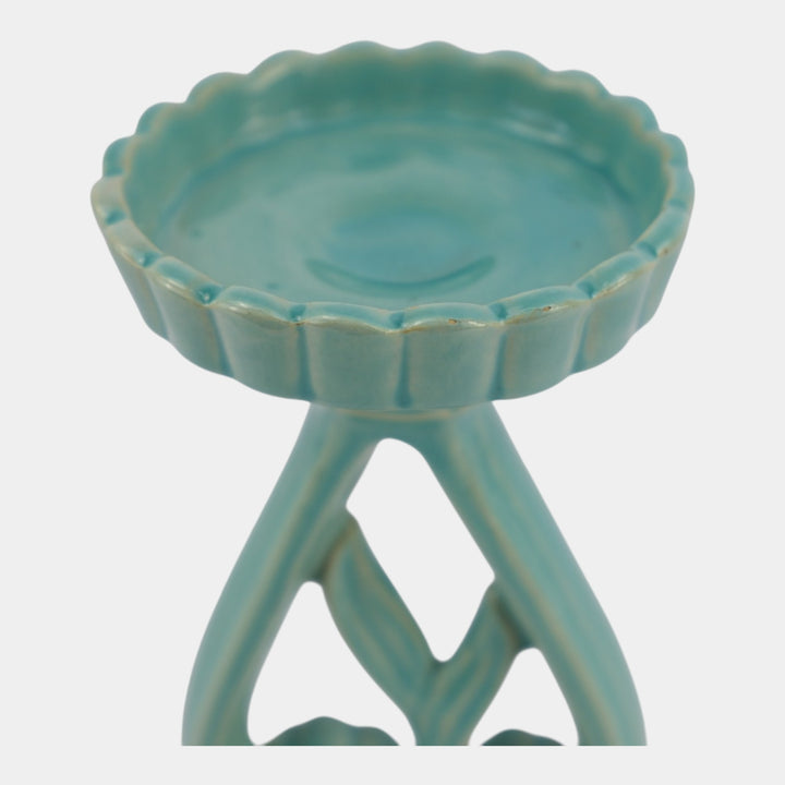 Weller Hobart 1920s Green Art Deco Pottery Openwork Pedestal Candle Holder