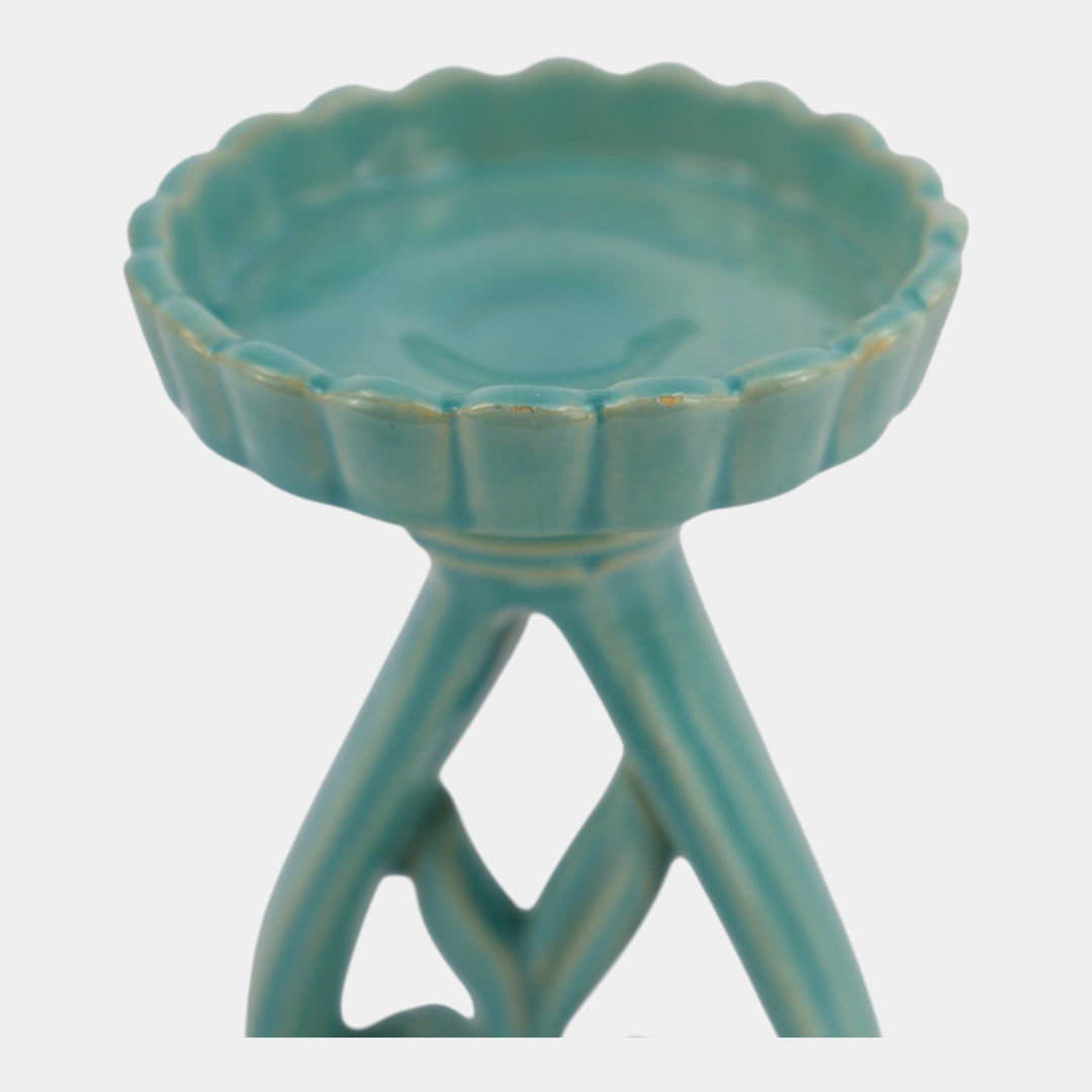 Weller Hobart 1920s Green Art Deco Pottery Openwork Pedestal Candle Holder