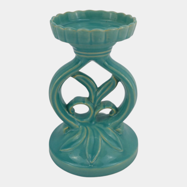 Weller Hobart 1920s Green Art Deco Pottery Openwork Pedestal Candle Holder