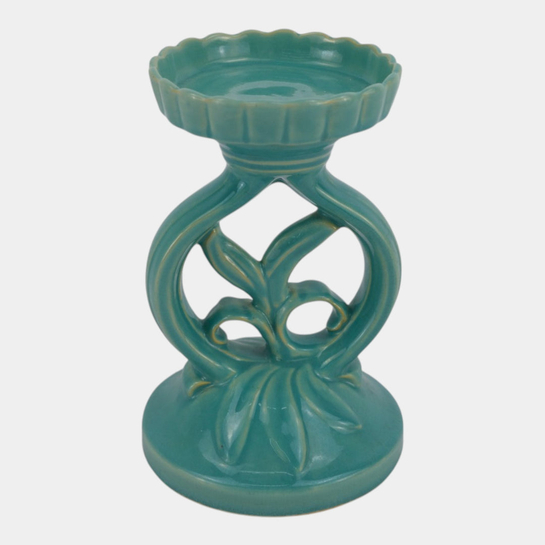Weller Hobart 1920s Green Art Deco Pottery Openwork Pedestal Candle Holder