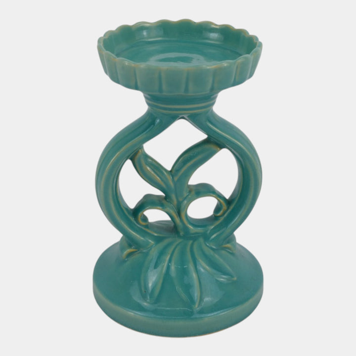 Weller Hobart 1920s Green Art Deco Pottery Openwork Pedestal Candle Holder