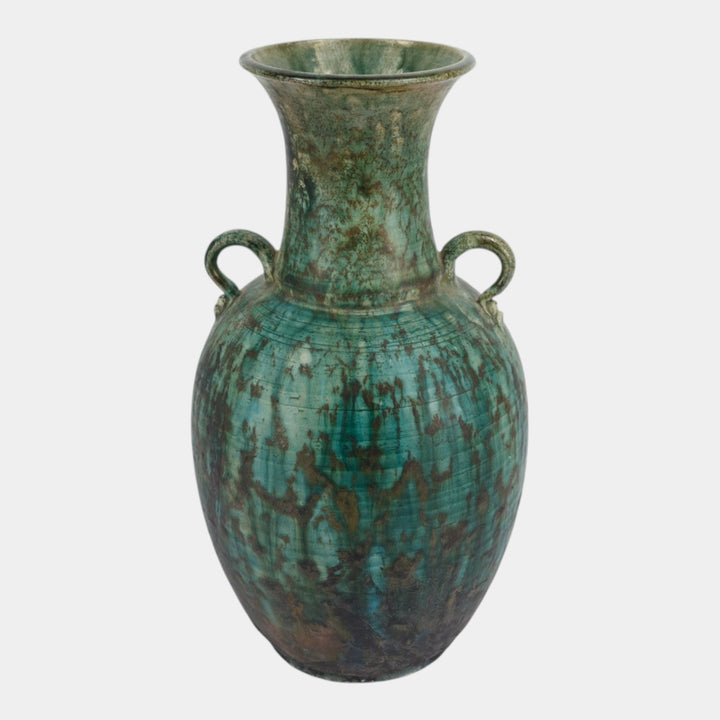 Door Studio Art Pottery Raku Fired Turquoise Green Double Loop Handle Vase
