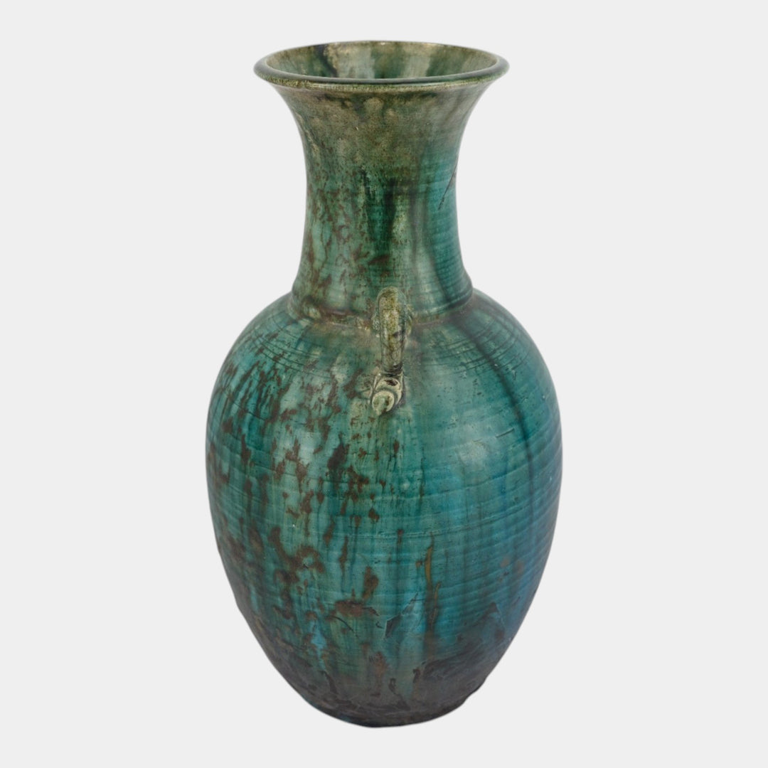 Door Studio Art Pottery Raku Fired Turquoise Green Double Loop Handle Vase