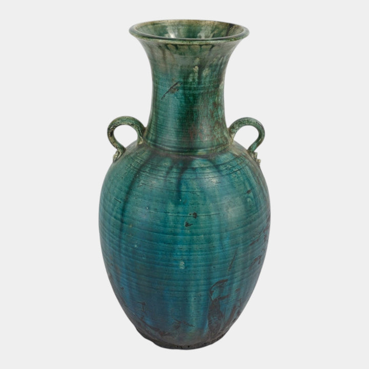 Door Studio Art Pottery Raku Fired Turquoise Green Double Loop Handle Vase