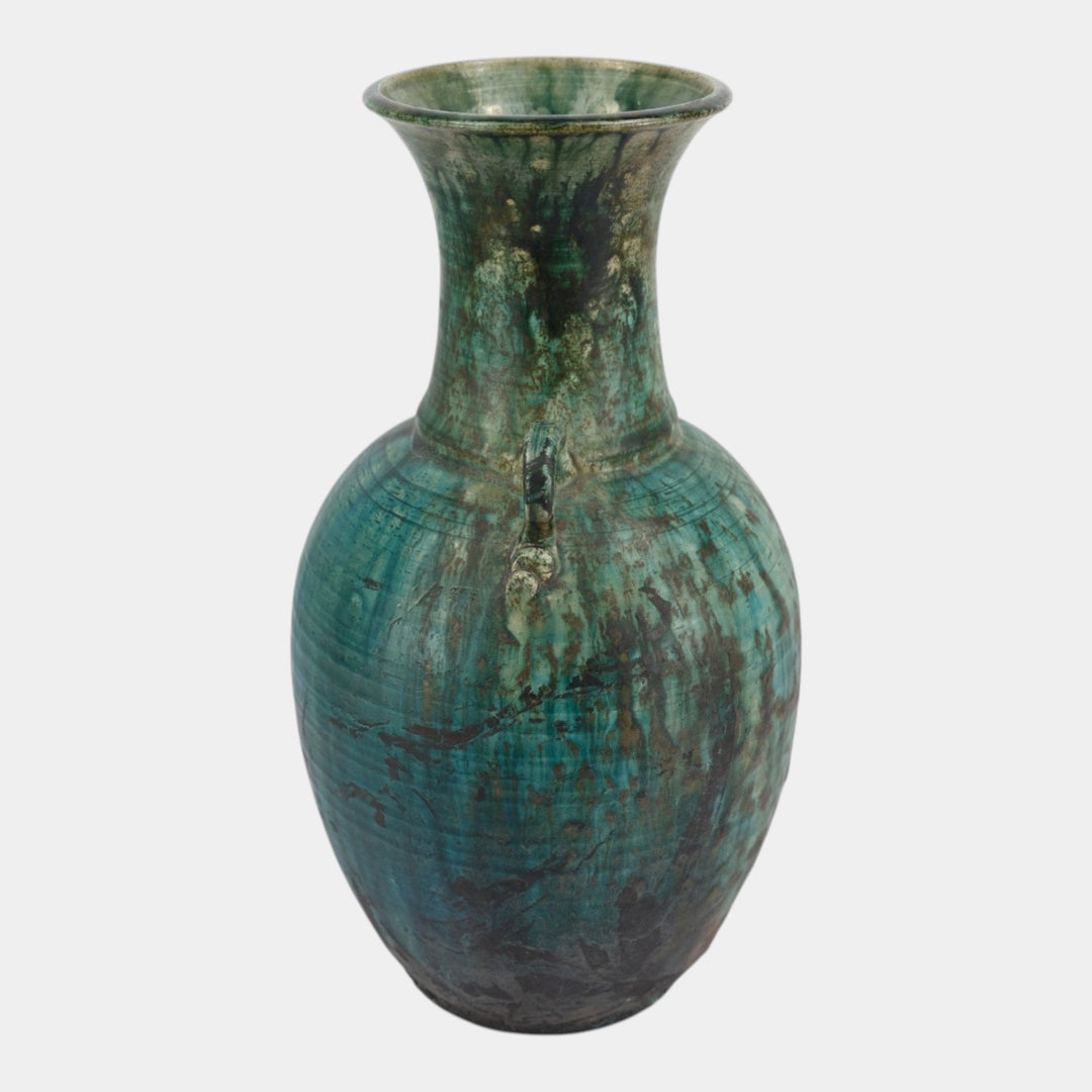 Door Studio Art Pottery Raku Fired Turquoise Green Double Loop Handle Vase