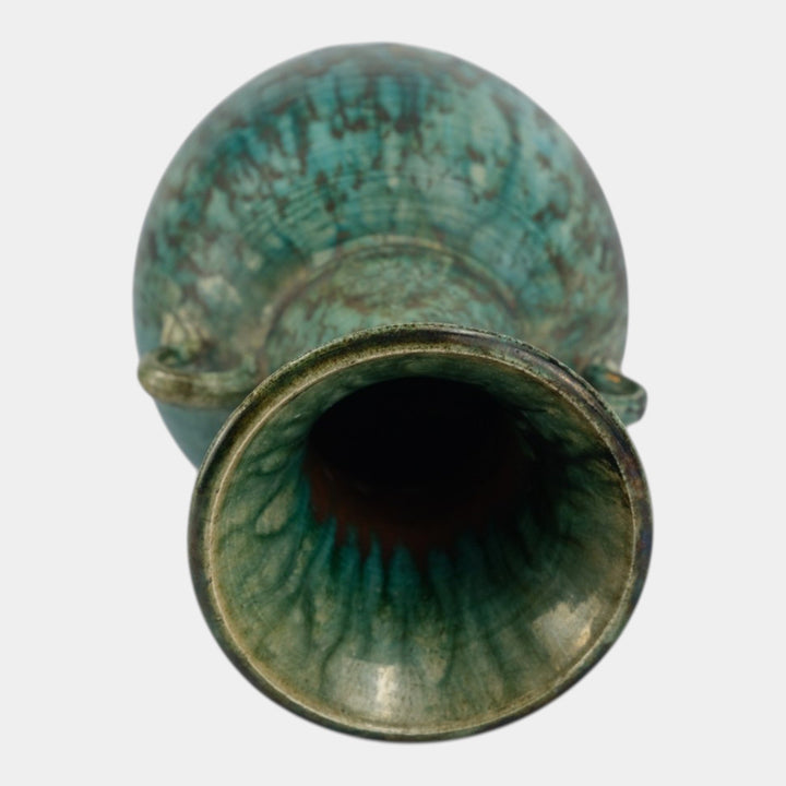 Door Studio Art Pottery Raku Fired Turquoise Green Double Loop Handle Vase