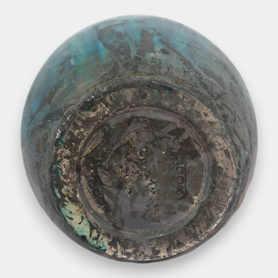 Door Studio Art Pottery Raku Fired Turquoise Green Double Loop Handle Vase