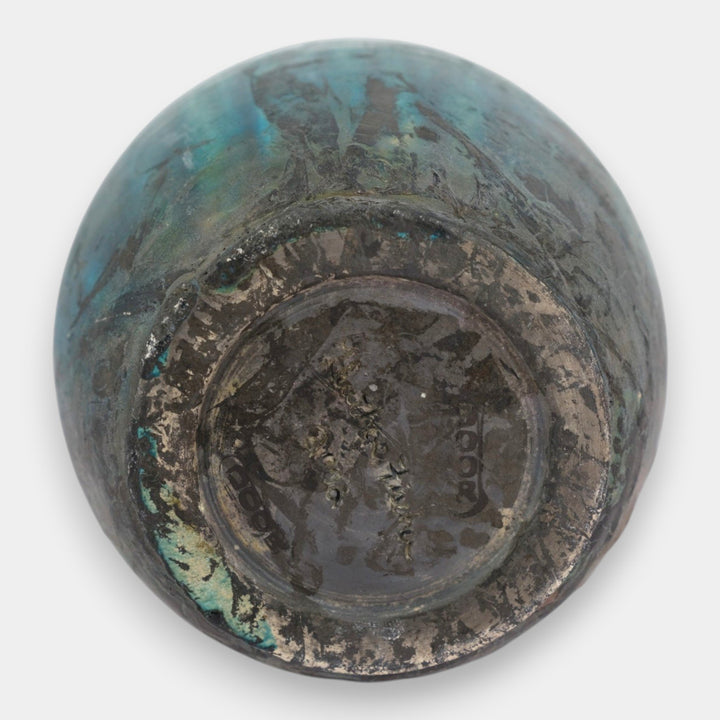 Door Studio Art Pottery Raku Fired Turquoise Green Double Loop Handle Vase