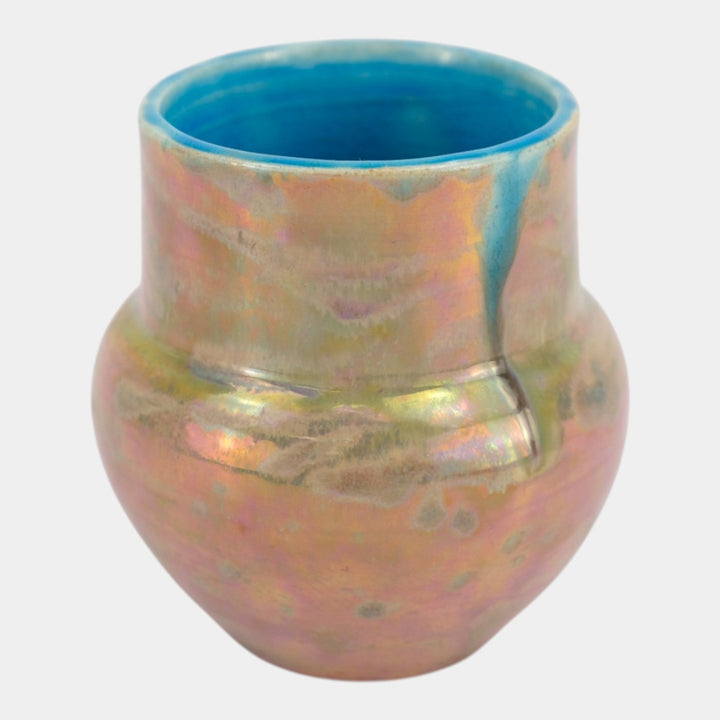 Paul Katrich Studio Art Pottery Iridescent Gold Turquoise Hand Made Vase 631