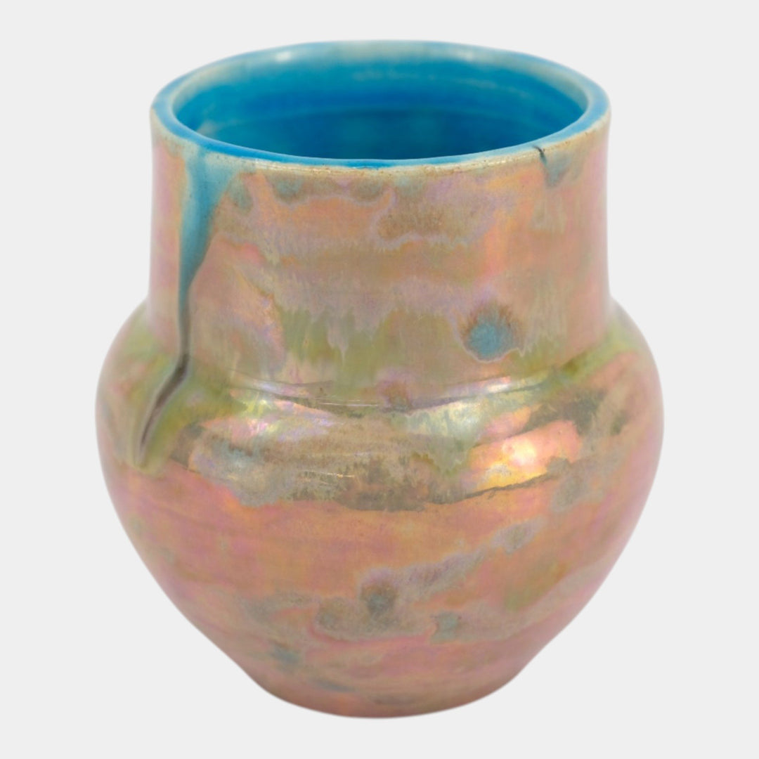 Paul Katrich Studio Art Pottery Iridescent Gold Turquoise Hand Made Vase 631