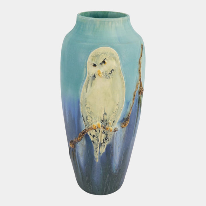 Ephraim Faience 2003 Hand Made Pottery Snowy White Owl Blue Limited Vase 300