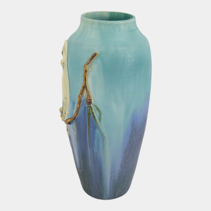 Ephraim Faience 2003 Hand Made Pottery Snowy White Owl Blue Limited Vase 300