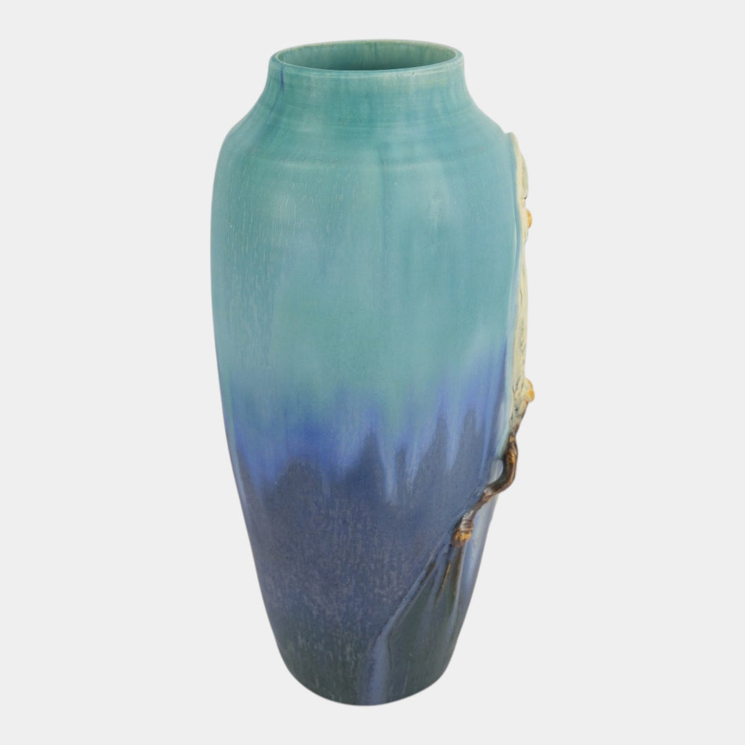 Ephraim Faience 2003 Hand Made Pottery Snowy White Owl Blue Limited Vase 300