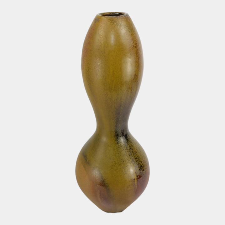 Kurt Wild Studio Art Pottery Green Brown Sculptural Double Gourd Floor Vase