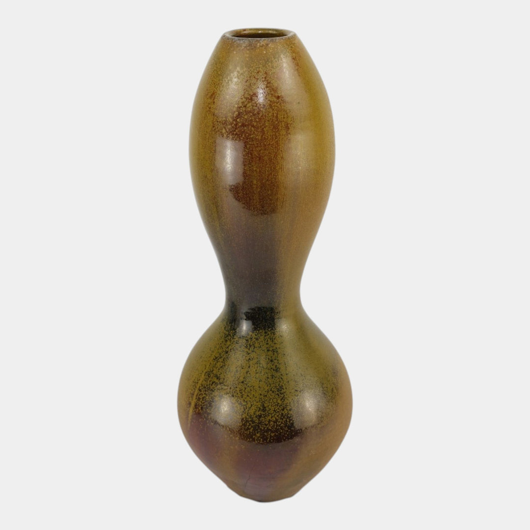 Kurt Wild Studio Art Pottery Green Brown Sculptural Double Gourd Floor Vase
