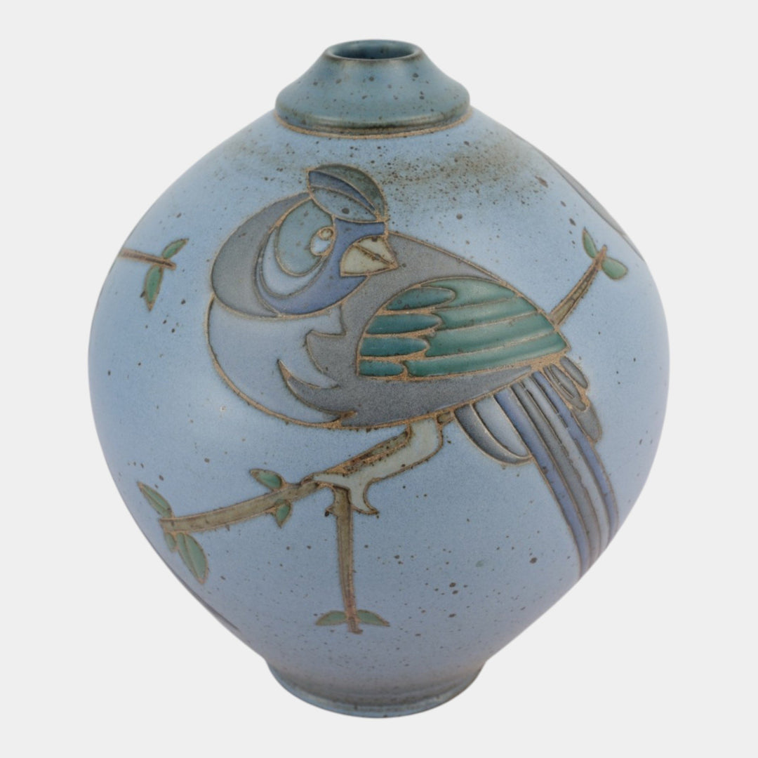 Kurt Wild Studio Art Pottery Blue Figural Bird Branch Large Decorated Vase