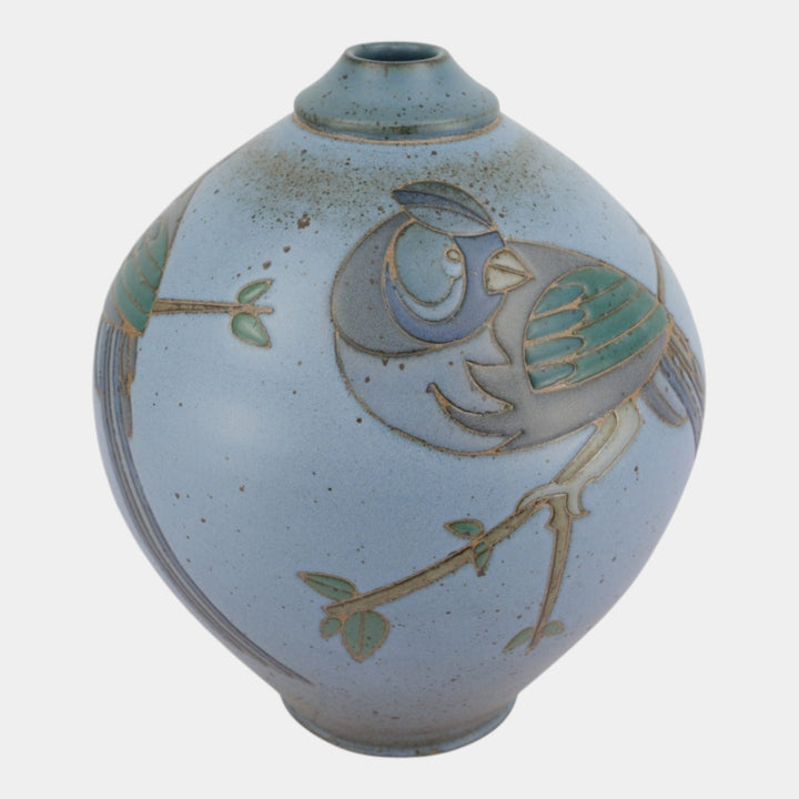 Kurt Wild Studio Art Pottery Blue Figural Bird Branch Large Decorated Vase