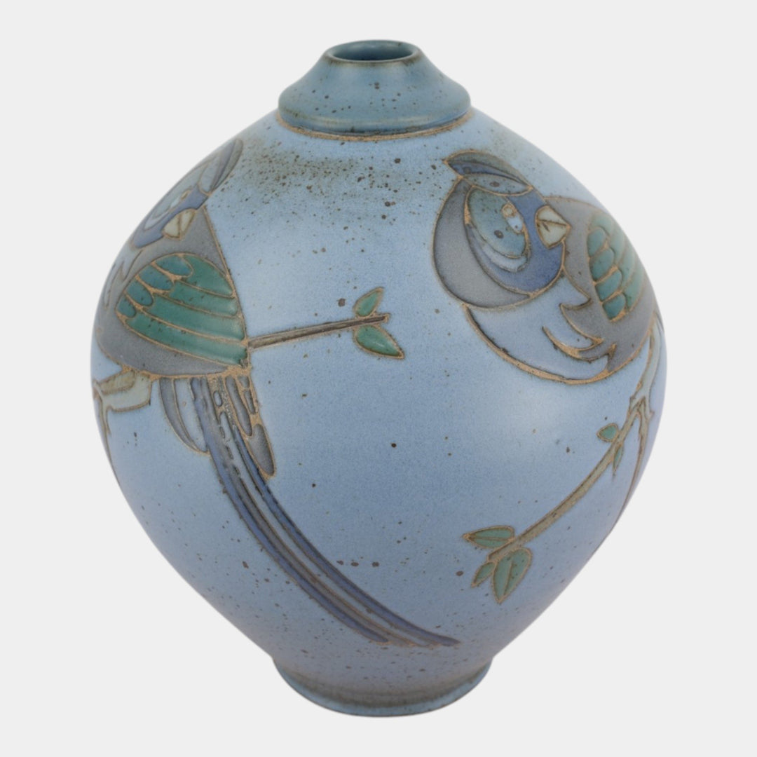 Kurt Wild Studio Art Pottery Blue Figural Bird Branch Large Decorated Vase