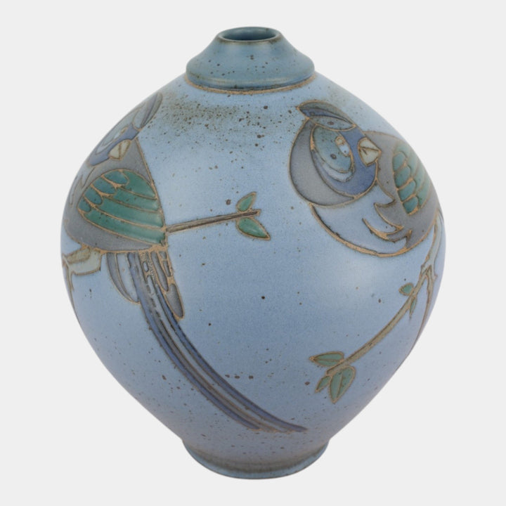 Kurt Wild Studio Art Pottery Blue Figural Bird Branch Large Decorated Vase