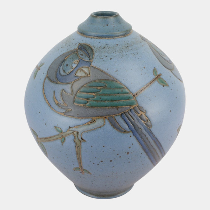 Kurt Wild Studio Art Pottery Blue Figural Bird Branch Large Decorated Vase