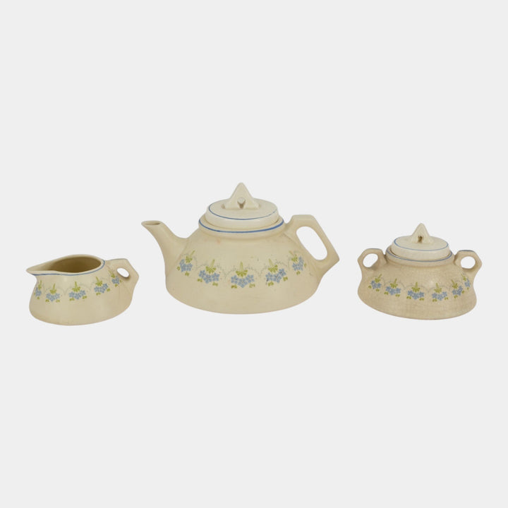 Roseville Creamware 1910 Pottery Forget Me Not Decorated Teapot Sugar Creamer