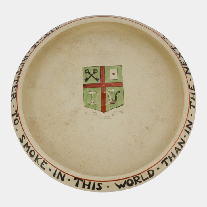 Roseville Pottery Creamware 1910 Coat Of Arms & Smoking Motto Large Smokers Tray