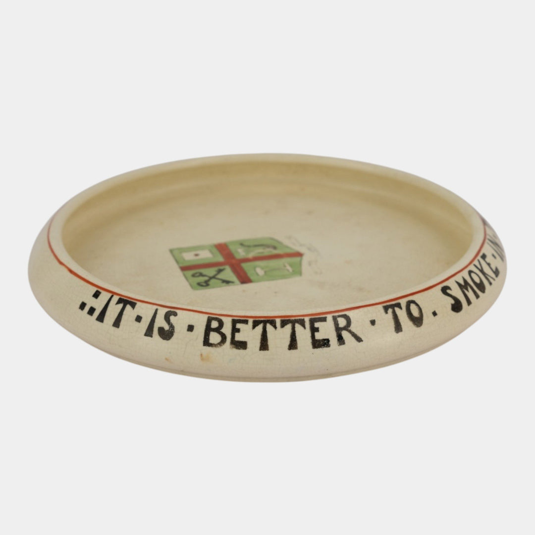 Roseville Pottery Creamware 1910 Coat Of Arms & Smoking Motto Large Smokers Tray