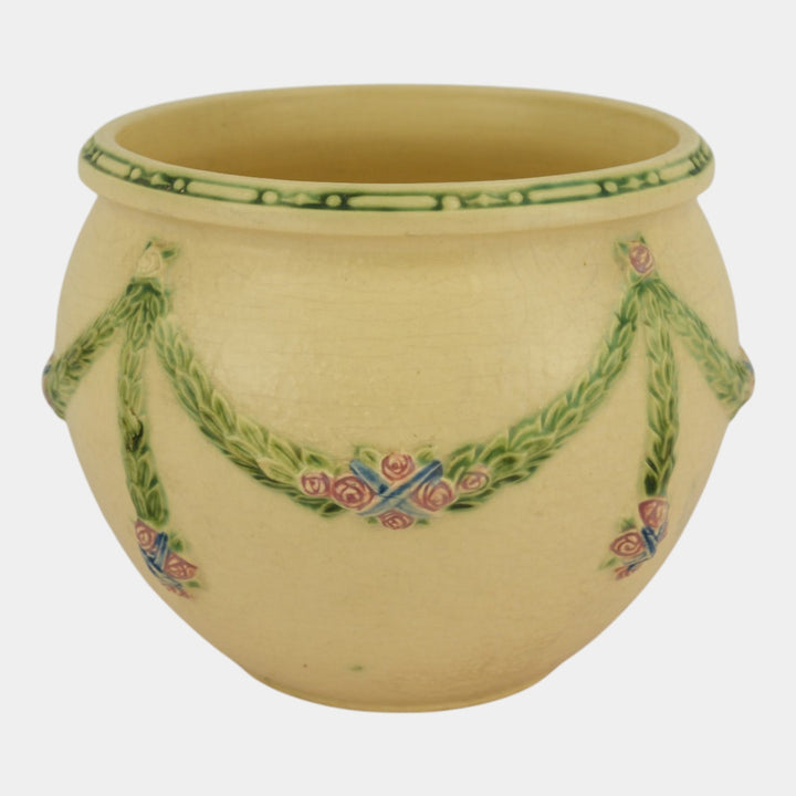 Roseville La Rose Ivory 1924 Art Pottery Jardiniere Planter For Pedestal 604-8