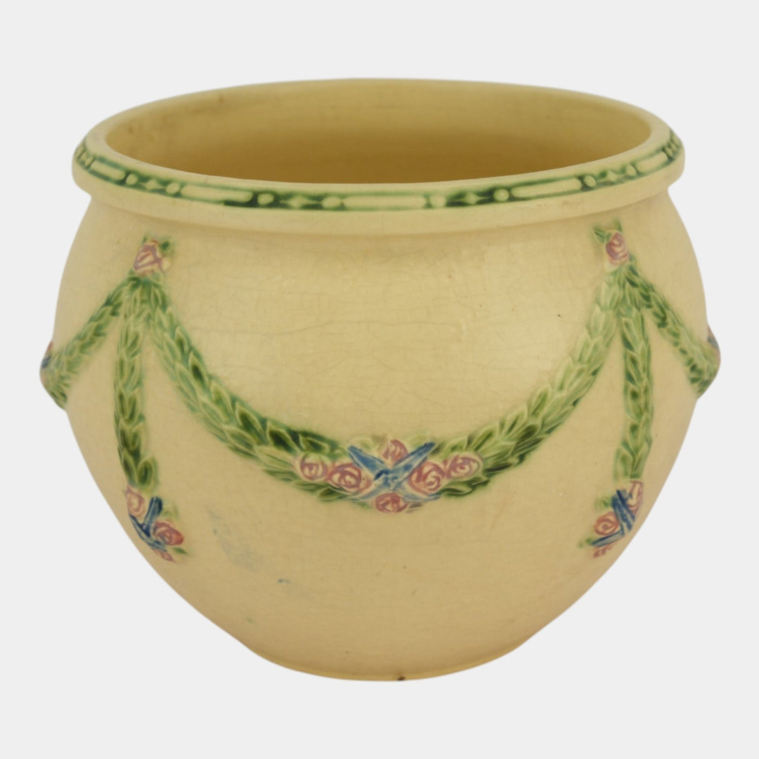 Roseville La Rose Ivory 1924 Art Pottery Jardiniere Planter For Pedestal 604-8