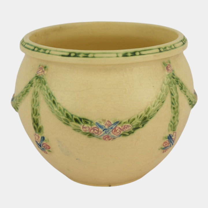 Roseville La Rose Ivory 1924 Art Pottery Jardiniere Planter For Pedestal 604-8