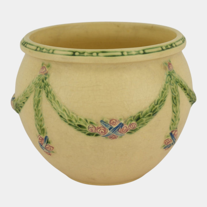 Roseville La Rose Ivory 1924 Art Pottery Jardiniere Planter For Pedestal 604-8