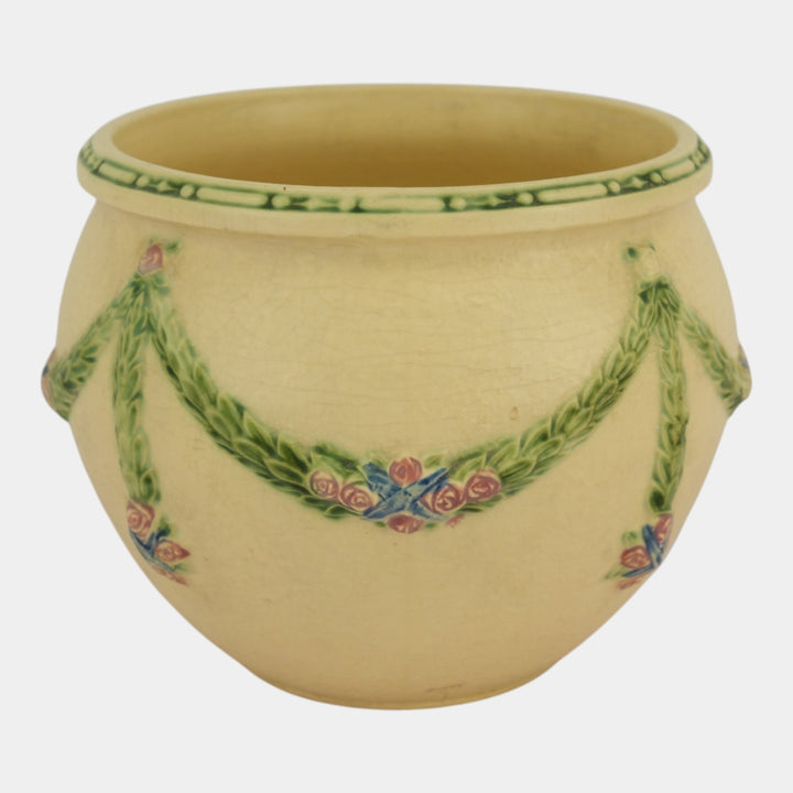 Roseville La Rose Ivory 1924 Art Pottery Jardiniere Planter For Pedestal 604-8