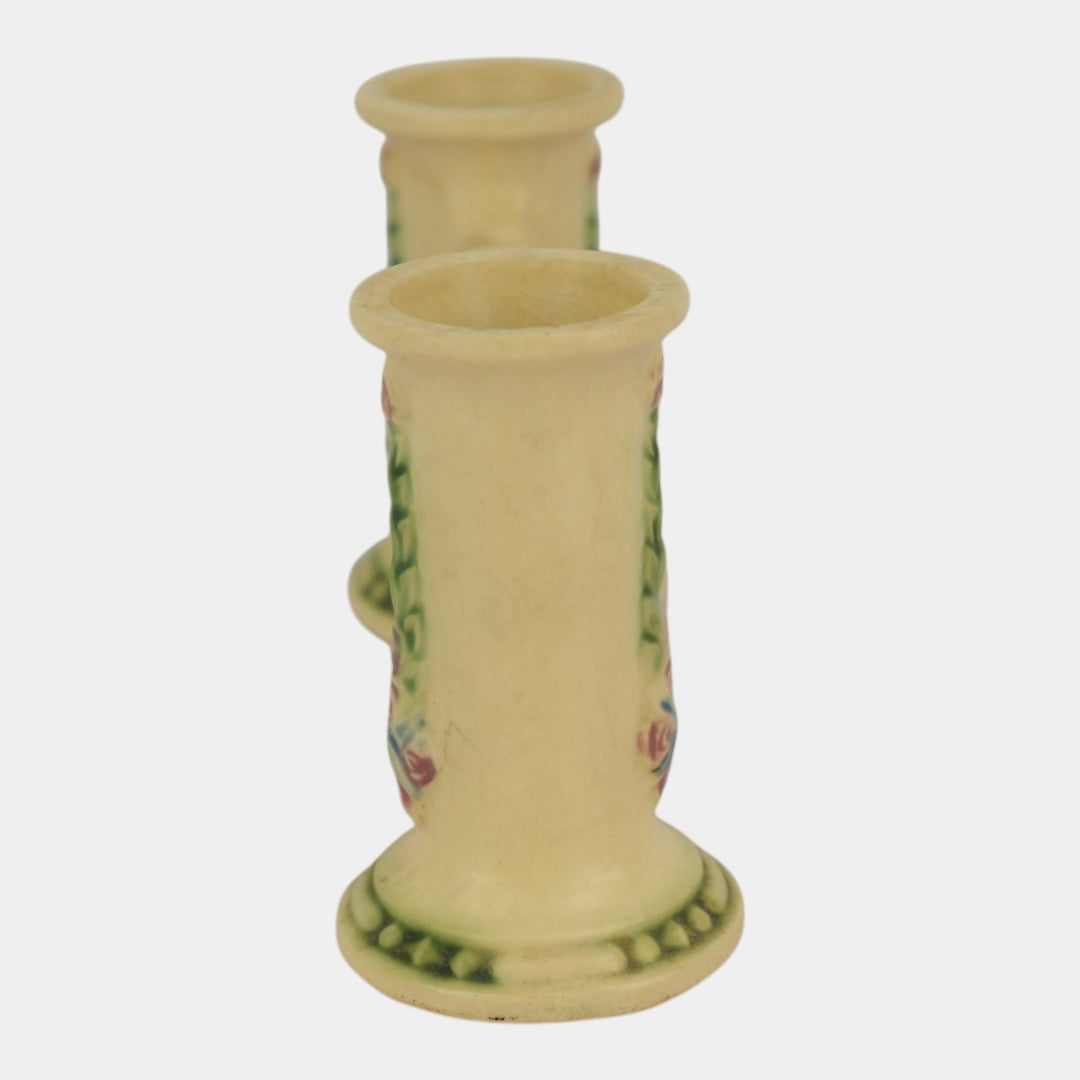Roseville La Rose Ivory 1924 Vintage Art Pottery Ceramic Double Bud Vase 43-4