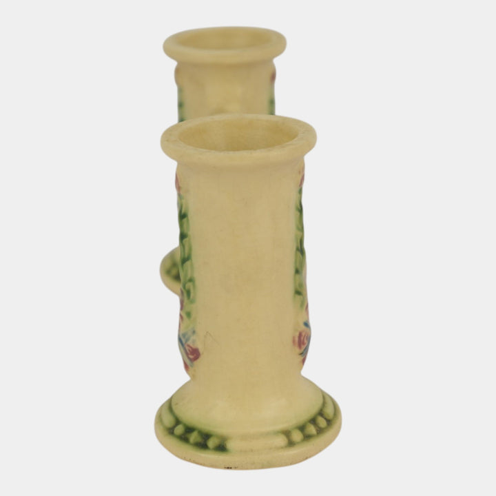Roseville La Rose Ivory 1924 Vintage Art Pottery Ceramic Double Bud Vase 43-4