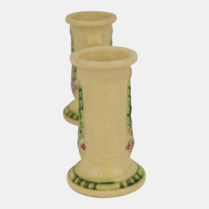 Roseville La Rose Ivory 1924 Vintage Art Pottery Ceramic Double Bud Vase 43-4
