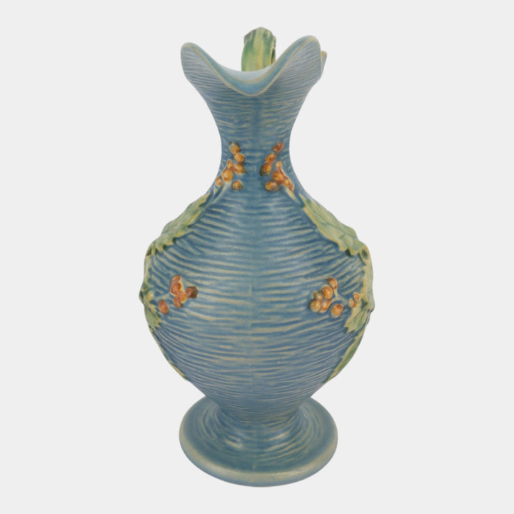 Roseville Bushberry Blue 1941 Vintage Art Pottery Ceramic Pitcher Ewer 2-10