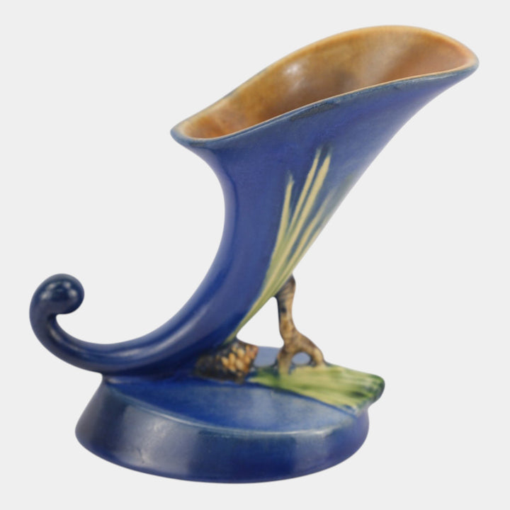 Roseville Pine Cone Blue 1936 Mid Century Modern Pottery Cornucopia Vase 126-6