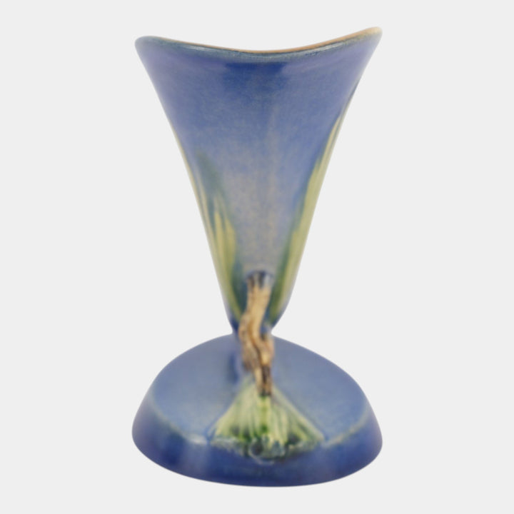 Roseville Pine Cone Blue 1936 Mid Century Modern Pottery Cornucopia Vase 126-6