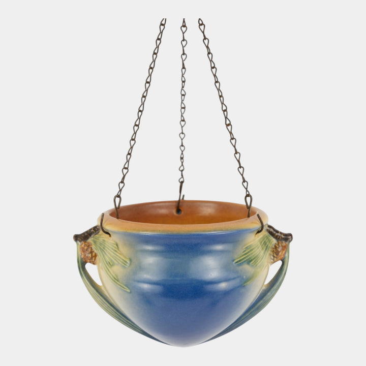 Roseville Pine Cone 1935 Vintage Art Pottery Blue Hanging Basket Planter 351