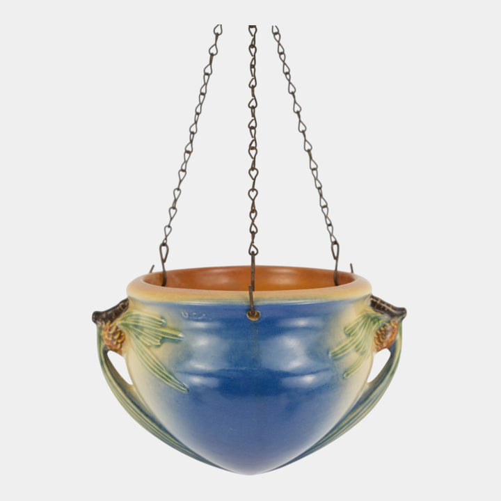 Roseville Pine Cone 1935 Vintage Art Pottery Blue Hanging Basket Planter 351