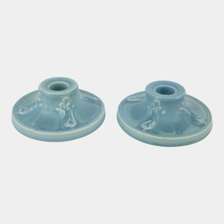 Rookwood 1920 Vintage Art Deco Pottery Matte Blue Ceramic Candle Holders 2472