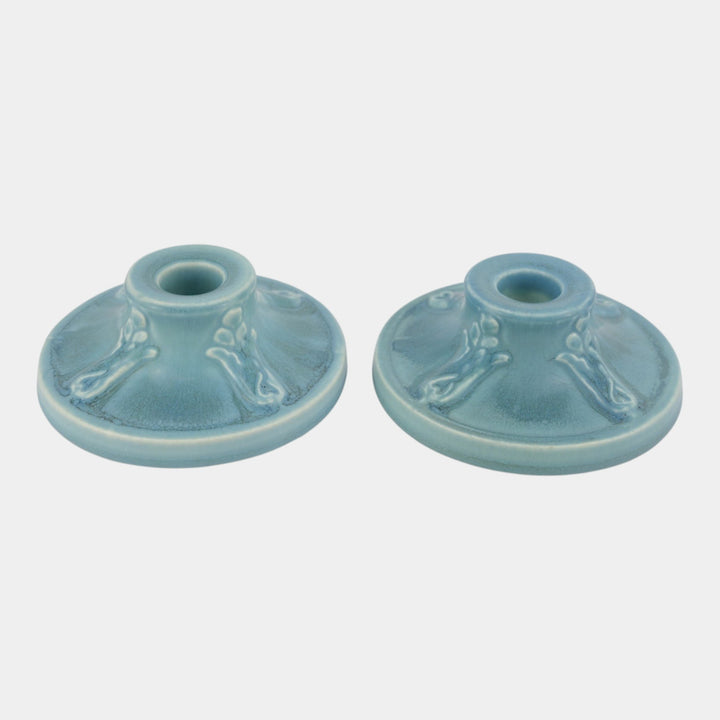 Rookwood 1920 Vintage Art Deco Pottery Matte Blue Ceramic Candle Holders 2472
