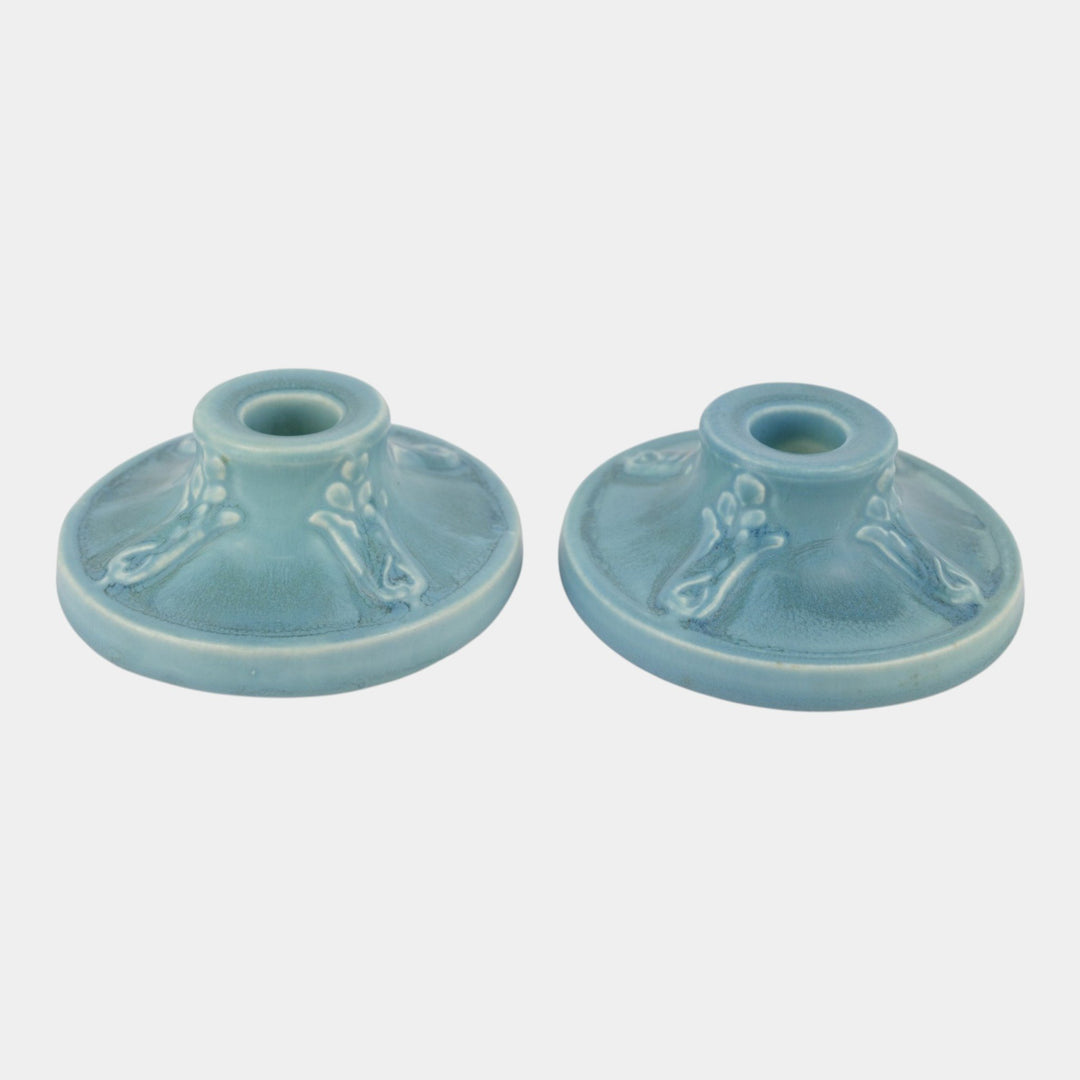 Rookwood 1920 Vintage Art Deco Pottery Matte Blue Ceramic Candle Holders 2472
