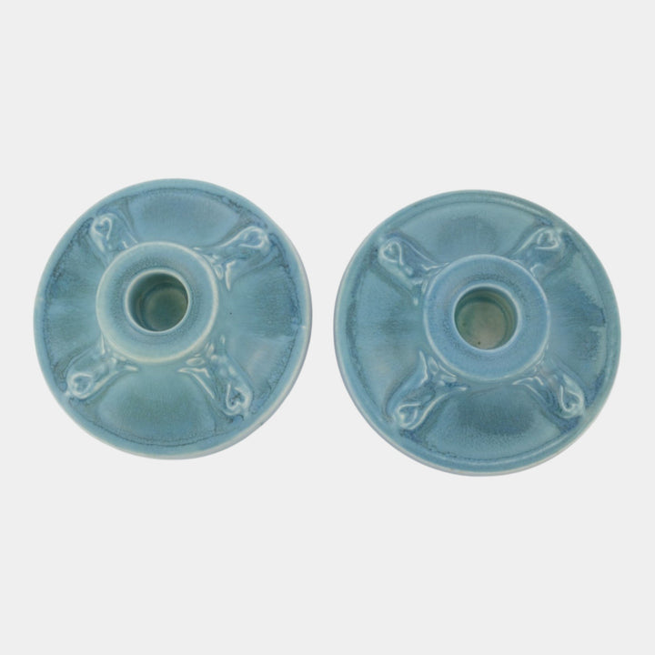 Rookwood 1920 Vintage Art Deco Pottery Matte Blue Ceramic Candle Holders 2472
