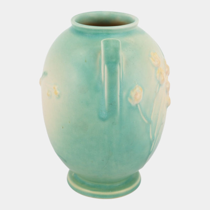 Roseville Ixia Green 1937 Vintage Art Deco Pottery Handled Ceramic Vase 855-7