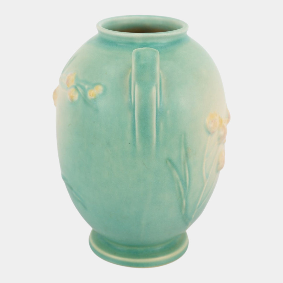 Roseville Ixia Green 1937 Vintage Art Deco Pottery Handled Ceramic Vase 855-7