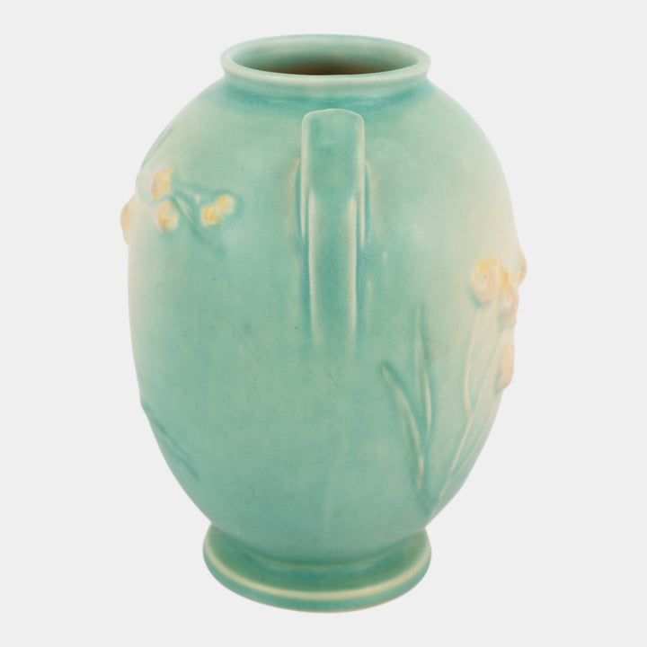 Roseville Ixia Green 1937 Vintage Art Deco Pottery Handled Ceramic Vase 855-7