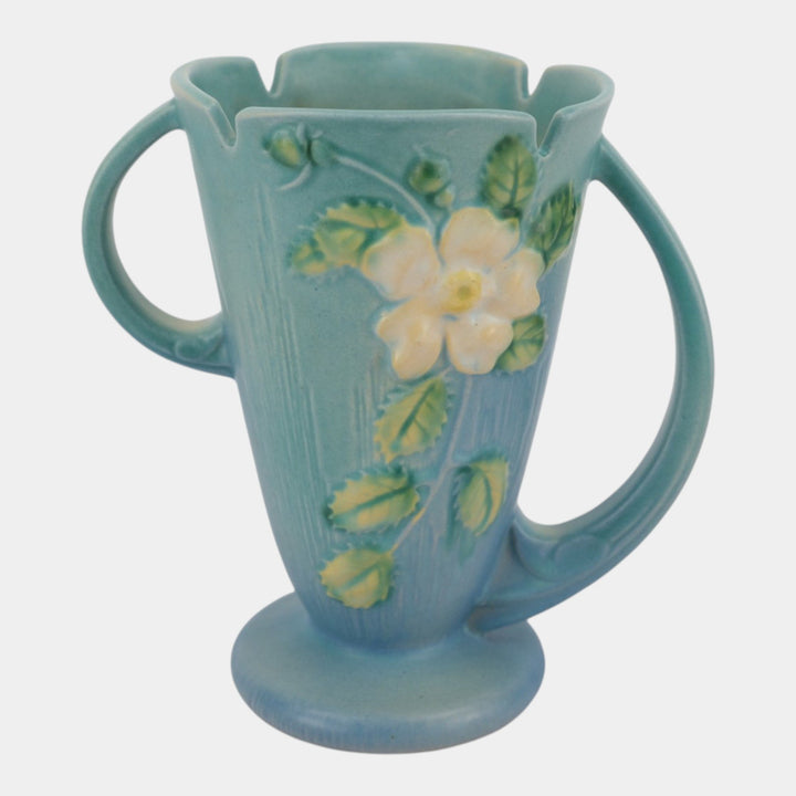 Roseville White Rose Blue 1940 Mid Century Modern Pottery Ceramic Vase 982-7