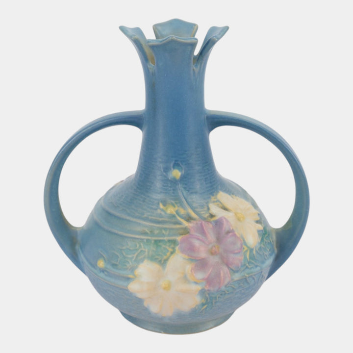 Roseville Cosmos Blue 1939 Vintage Art Deco Pottert Ceramic Handled Vase 948-7